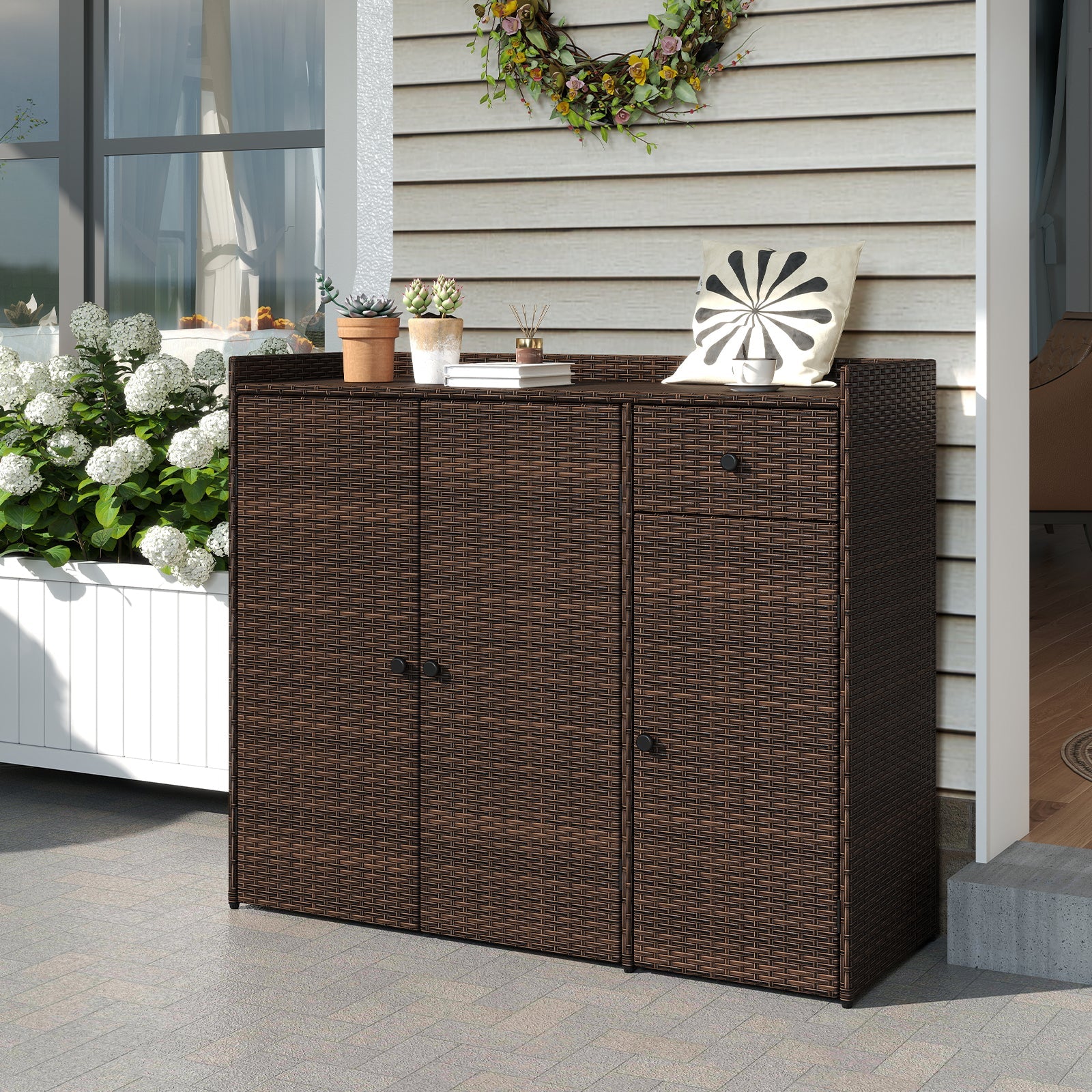 Outdoor PE Wicker Storage Cabinet with 3 Doors for Deck by DirectDeals