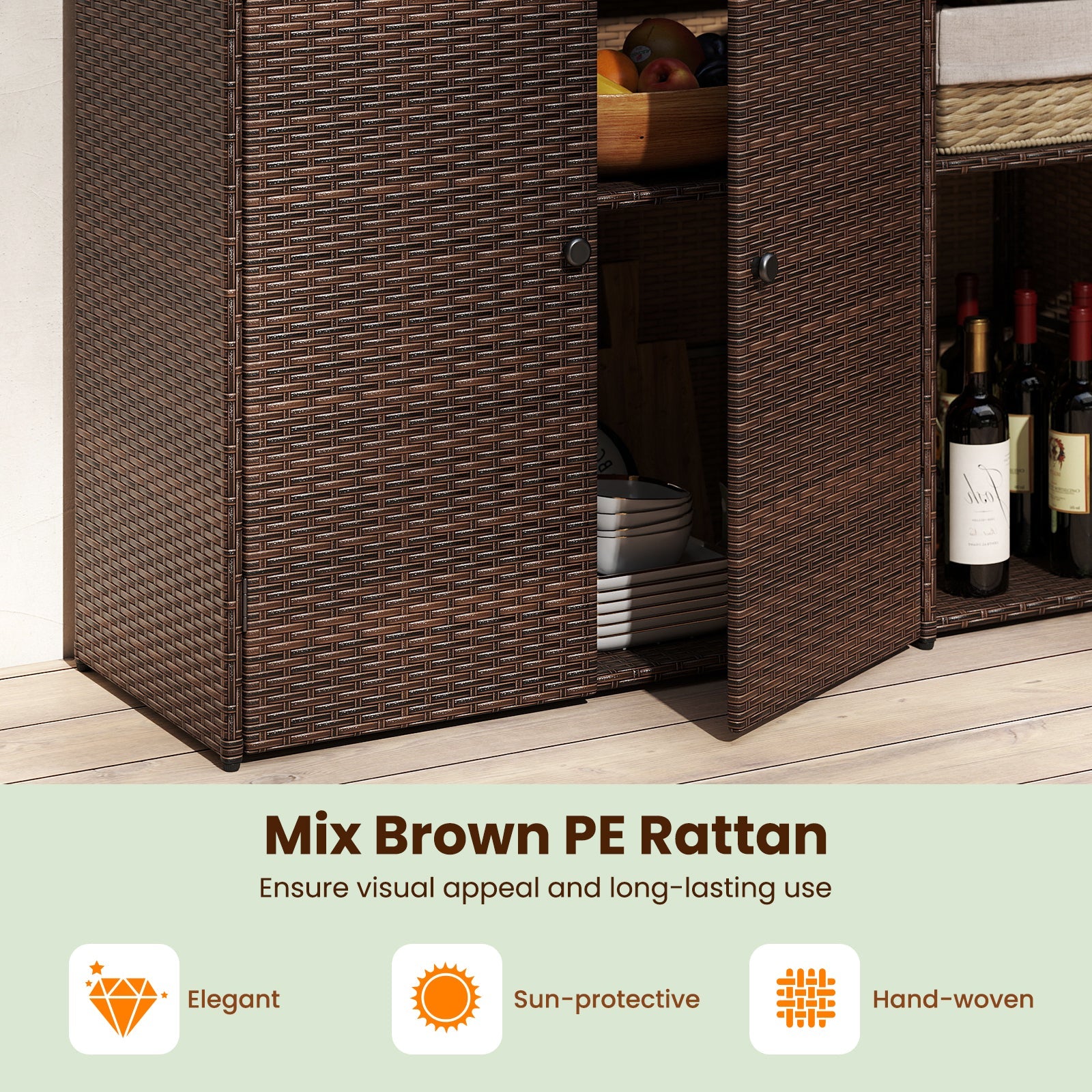 Outdoor PE Wicker Storage Cabinet with 3 Doors for Deck by DirectDeals