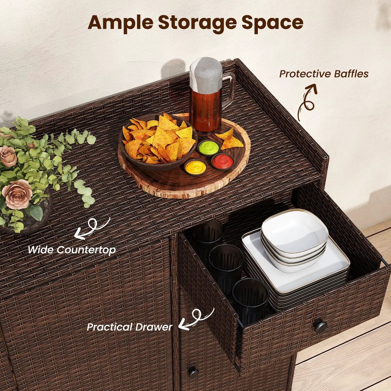 Outdoor PE Wicker Storage Cabinet with 3 Doors for Deck by DirectDeals