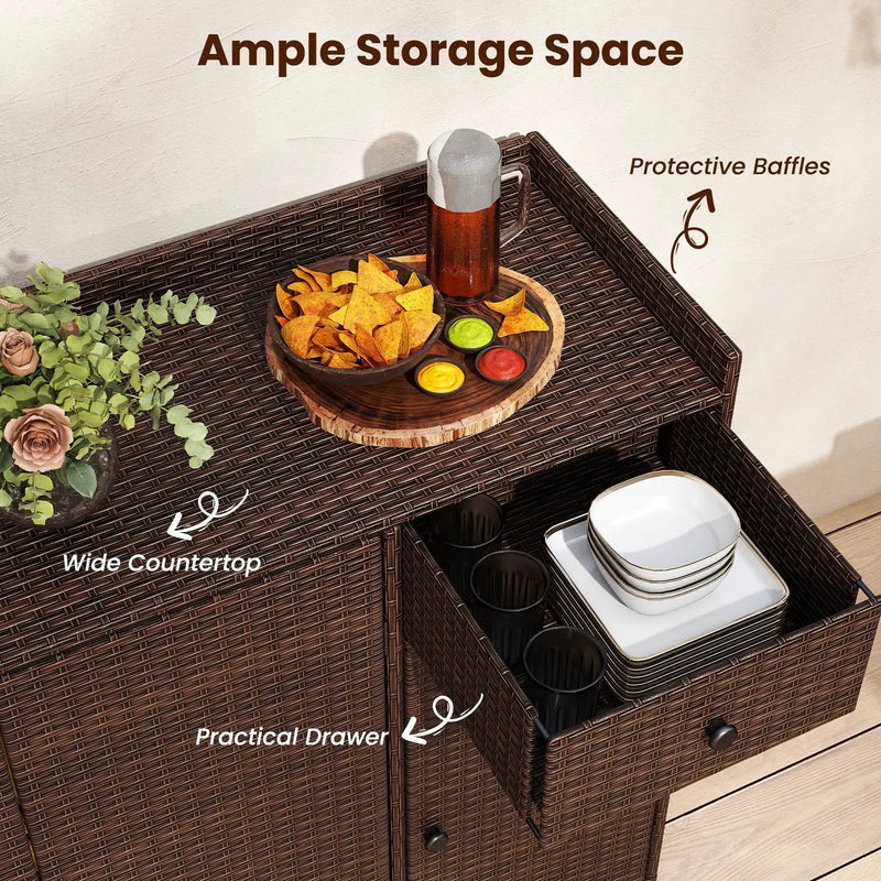 Outdoor PE Wicker Storage Cabinet with 3 Doors for Deck by DirectDeals