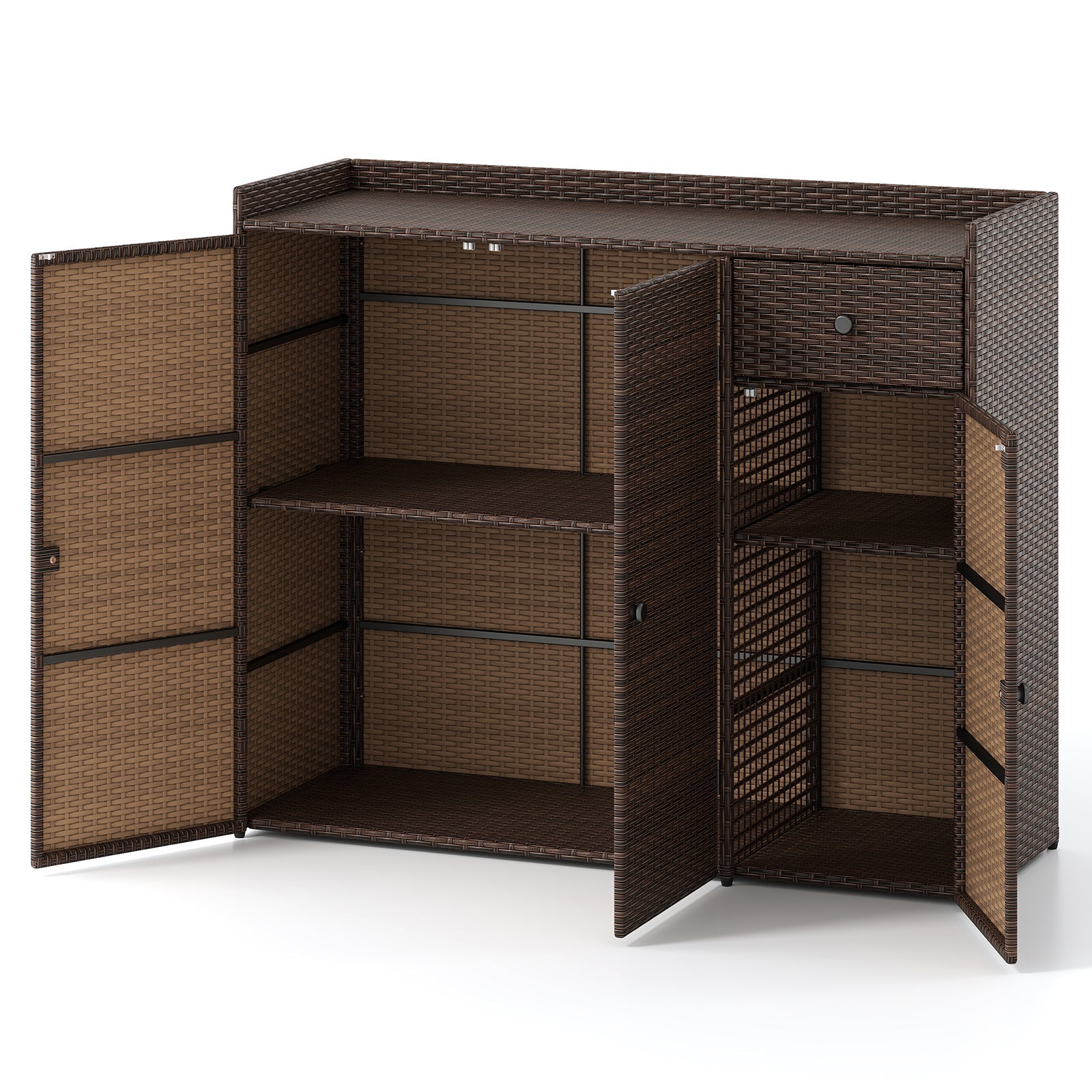 Outdoor PE Wicker Storage Cabinet with 3 Doors for Deck by DirectDeals