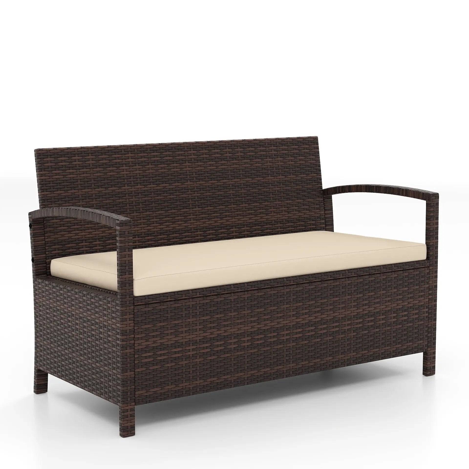 Outdoor PE Wicker Storage Bench 2 Seater with Cushion and 42 Gallon Deck Box-Beige by DirectDeals