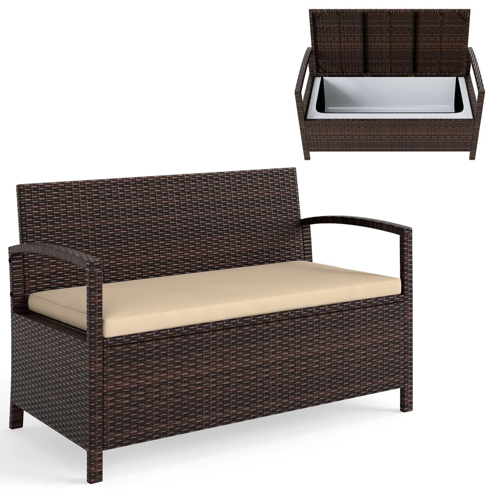Outdoor PE Wicker Storage Bench 2 Seater with Cushion and 42 Gallon Deck Box-Beige by DirectDeals