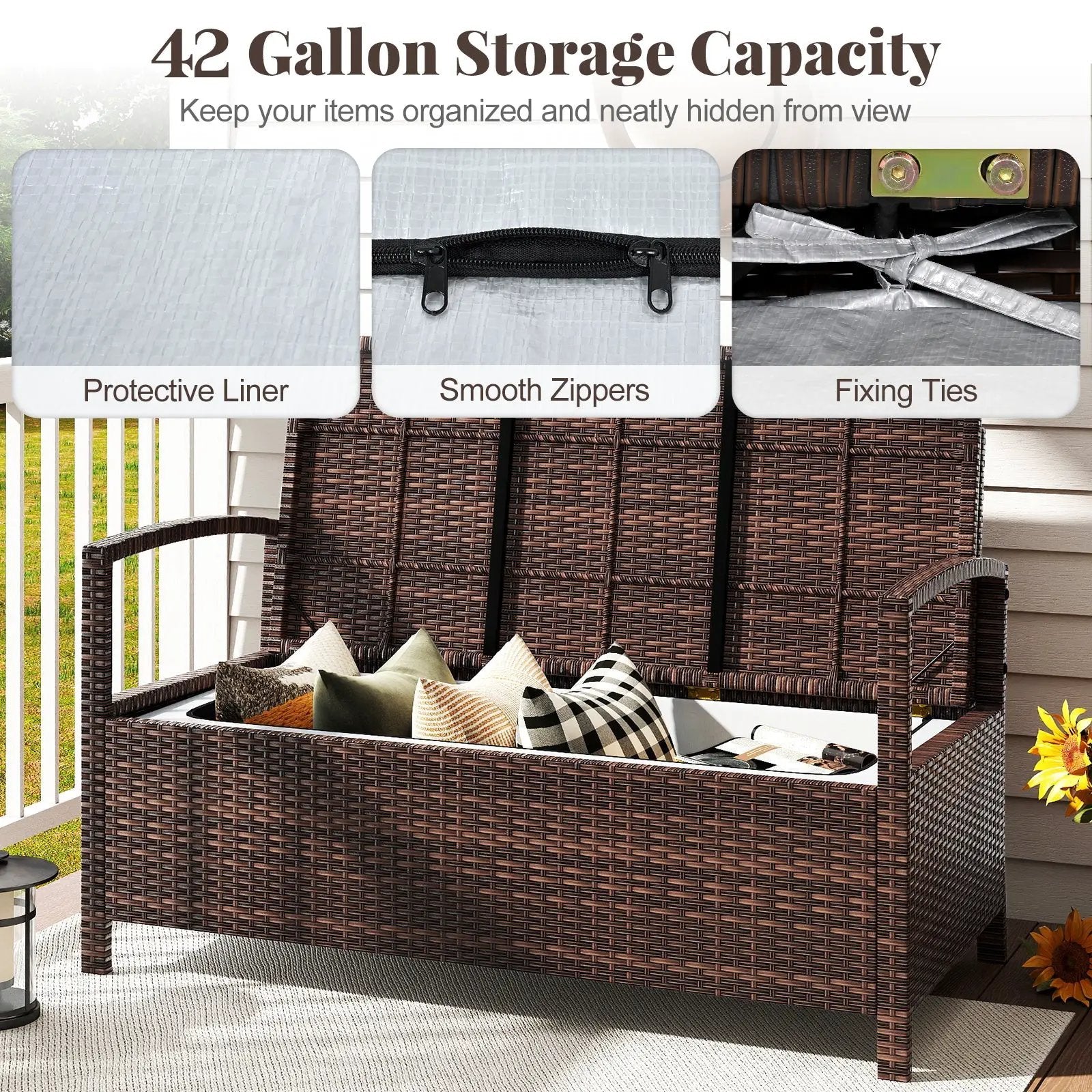 Outdoor PE Wicker Storage Bench 2 Seater with Cushion and 42 Gallon Deck Box-Beige by DirectDeals