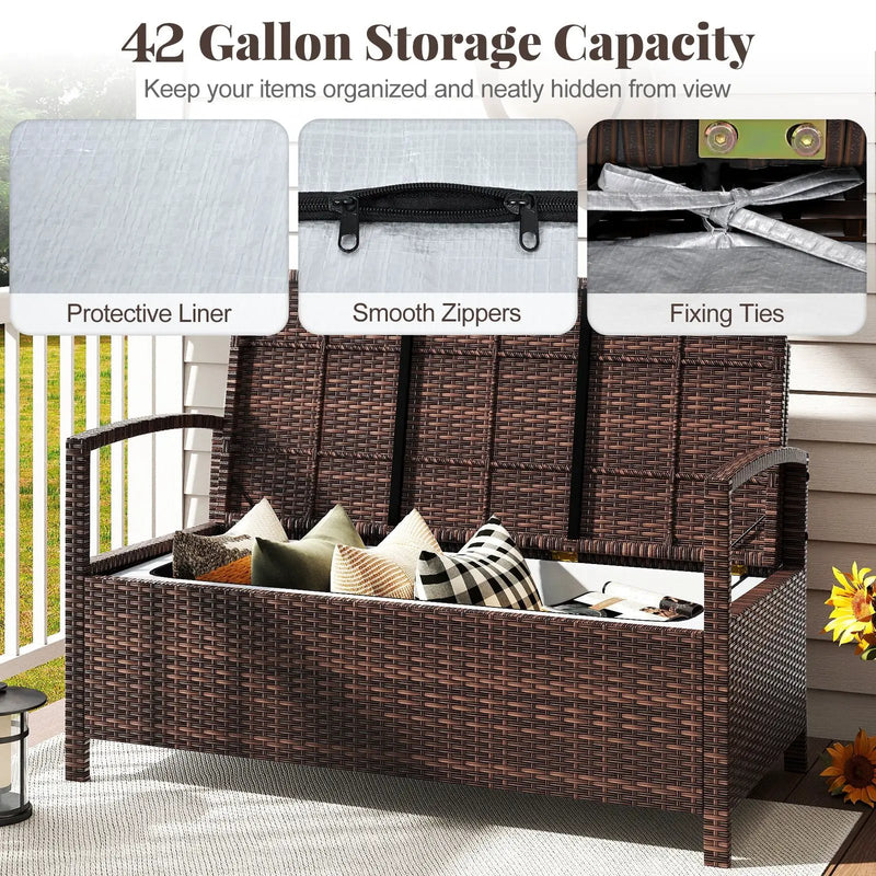 Outdoor PE Wicker Storage Bench 2 Seater with Cushion and 42 Gallon Deck Box-Beige by DirectDeals