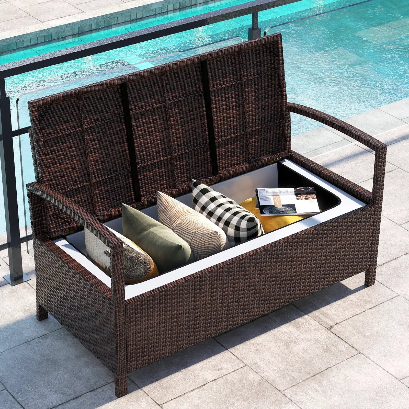 Outdoor PE Wicker Storage Bench 2 Seater with Cushion and 42 Gallon Deck Box-Beige by DirectDeals