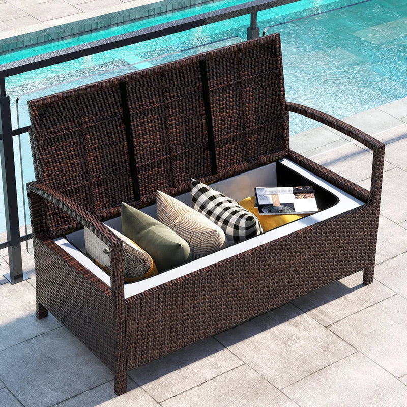Outdoor PE Wicker Storage Bench 2 Seater with Cushion and 42 Gallon Deck Box-Beige by DirectDeals