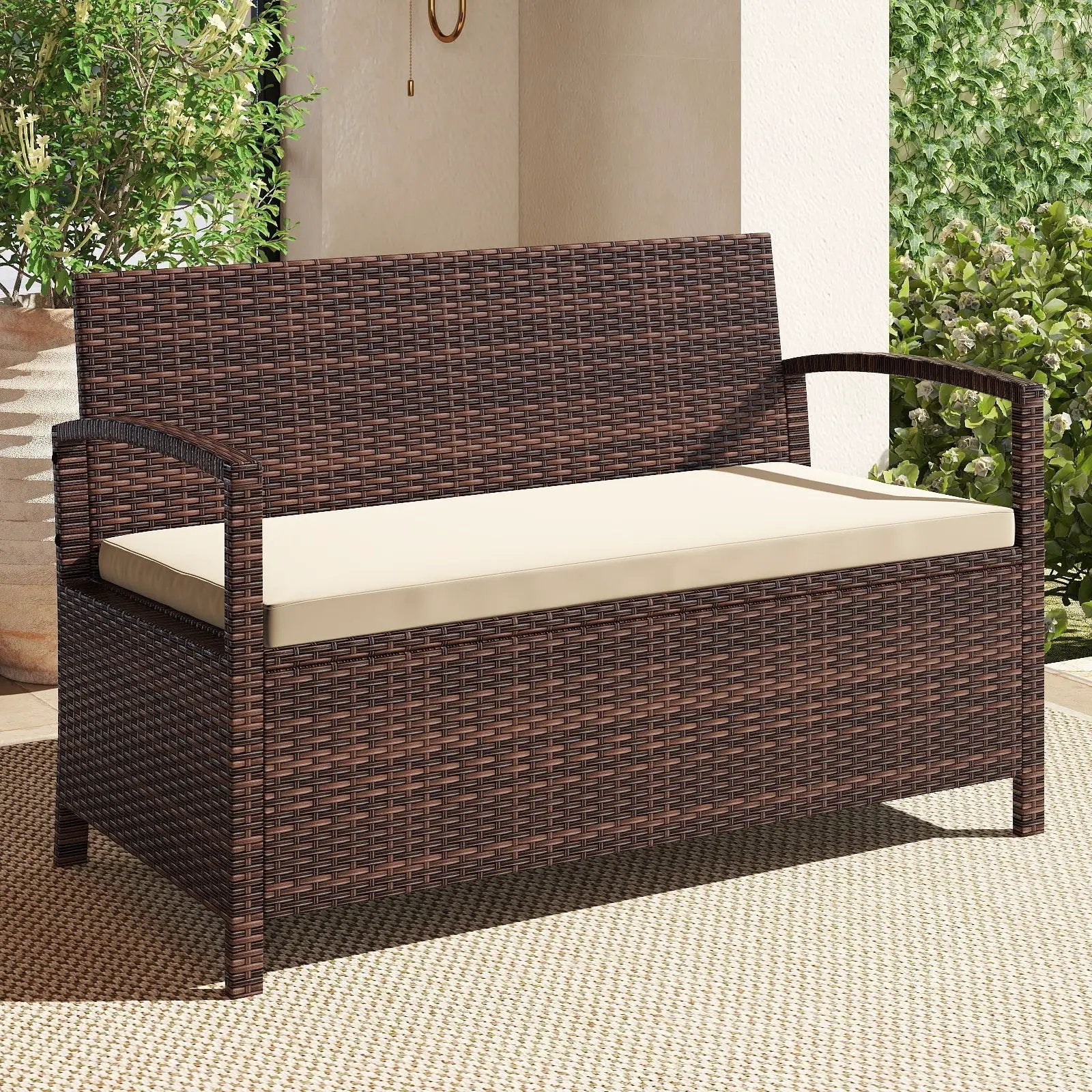 Outdoor PE Wicker Storage Bench 2 Seater with Cushion and 42 Gallon Deck Box-Beige by DirectDeals
