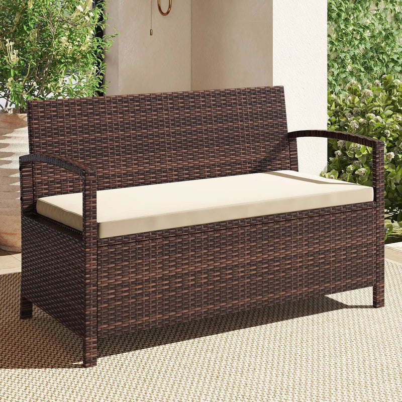 Outdoor PE Wicker Storage Bench 2 Seater with Cushion and 42 Gallon Deck Box-Beige by DirectDeals