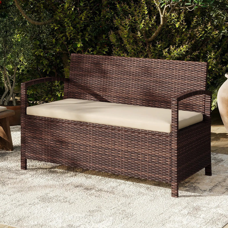 Outdoor PE Wicker Storage Bench 2 Seater with Cushion and 42 Gallon Deck Box-Beige by DirectDeals