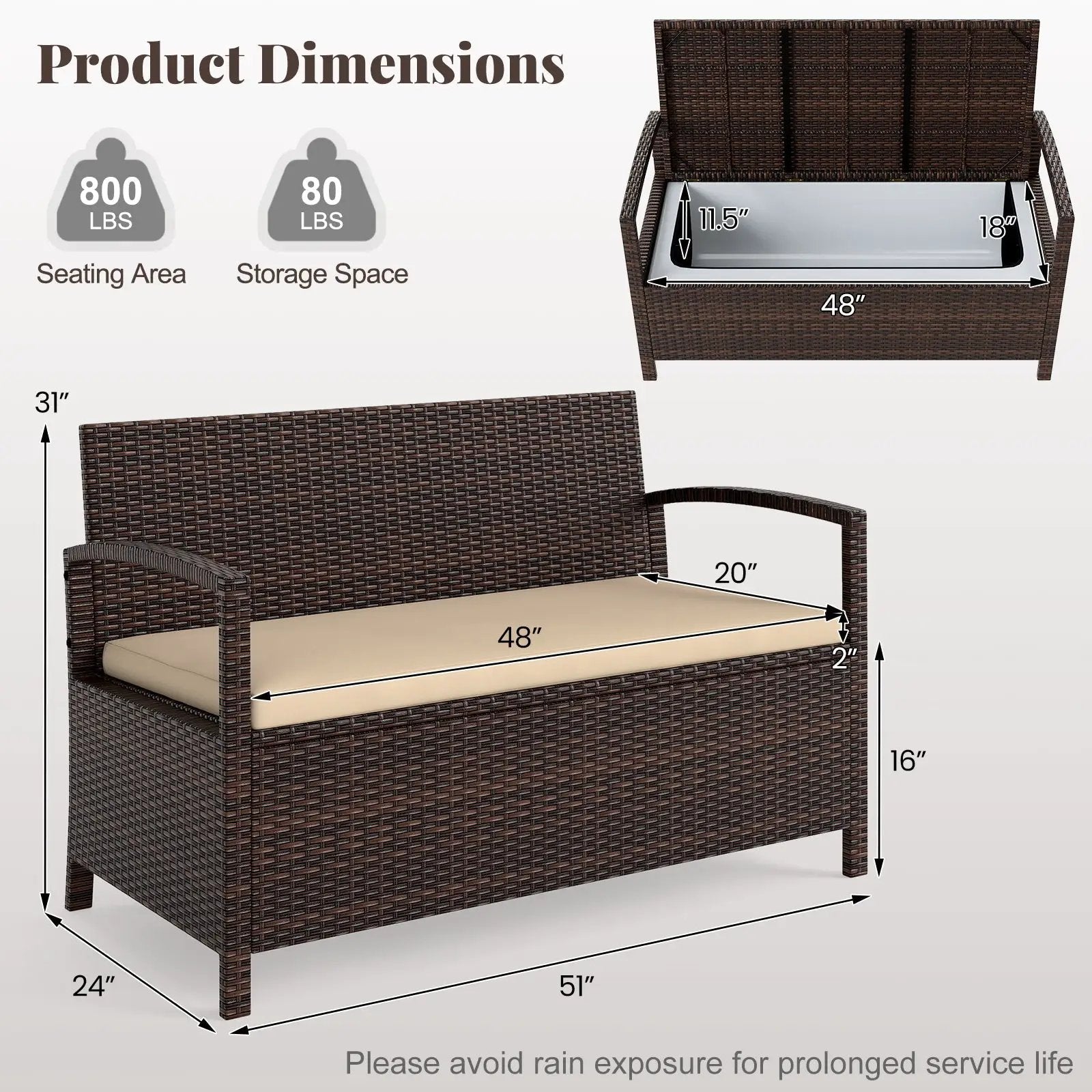Outdoor PE Wicker Storage Bench 2 Seater with Cushion and 42 Gallon Deck Box-Beige by DirectDeals