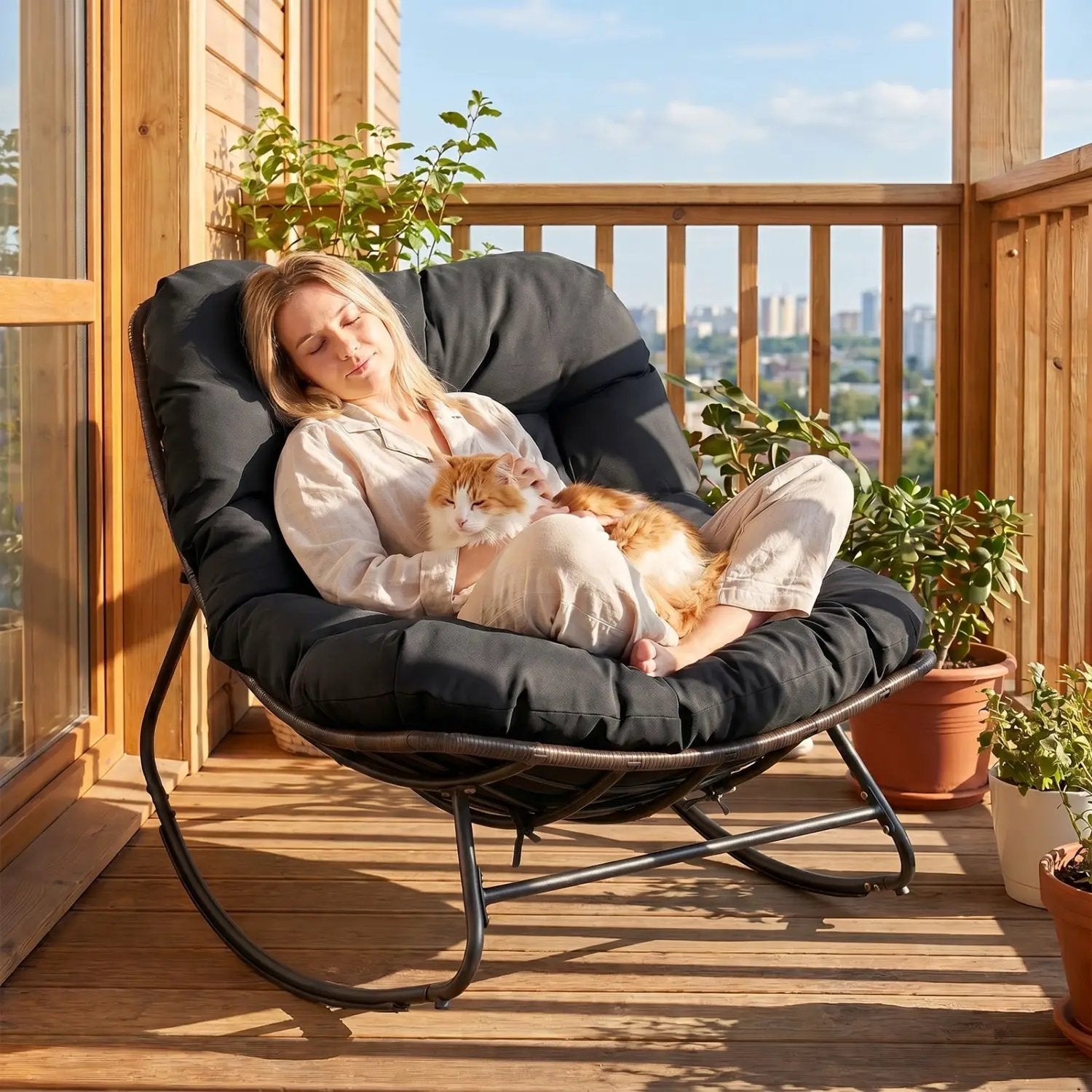 Papasan Rocking Chair with Thick Cushion - Outdoor Wicker by DirectDeals