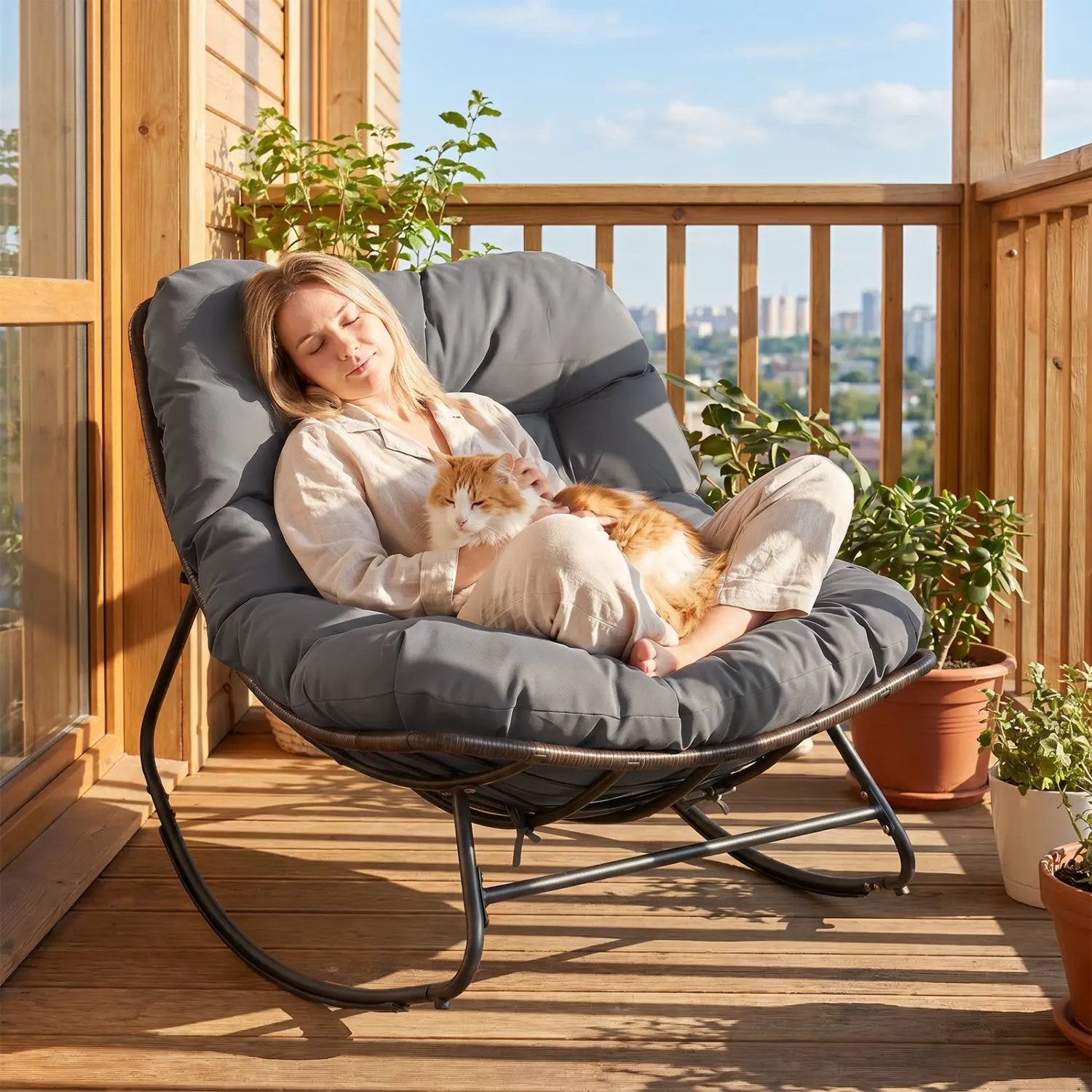 Papasan Rocking Chair with Thick Cushion - Outdoor Wicker by DirectDeals