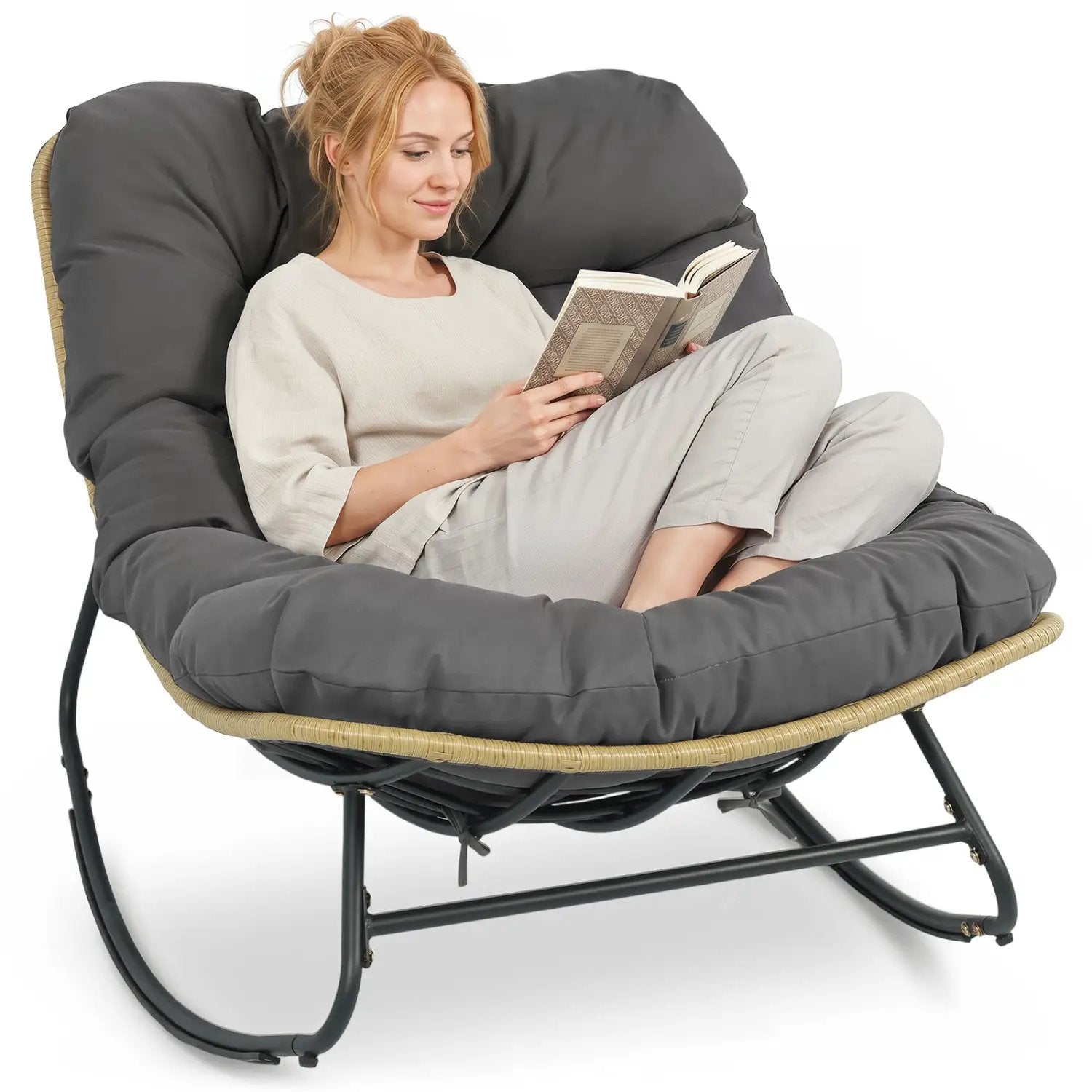 Papasan Rocking Chair with Cushioned Seat for Patio - Gray by DirectDeals