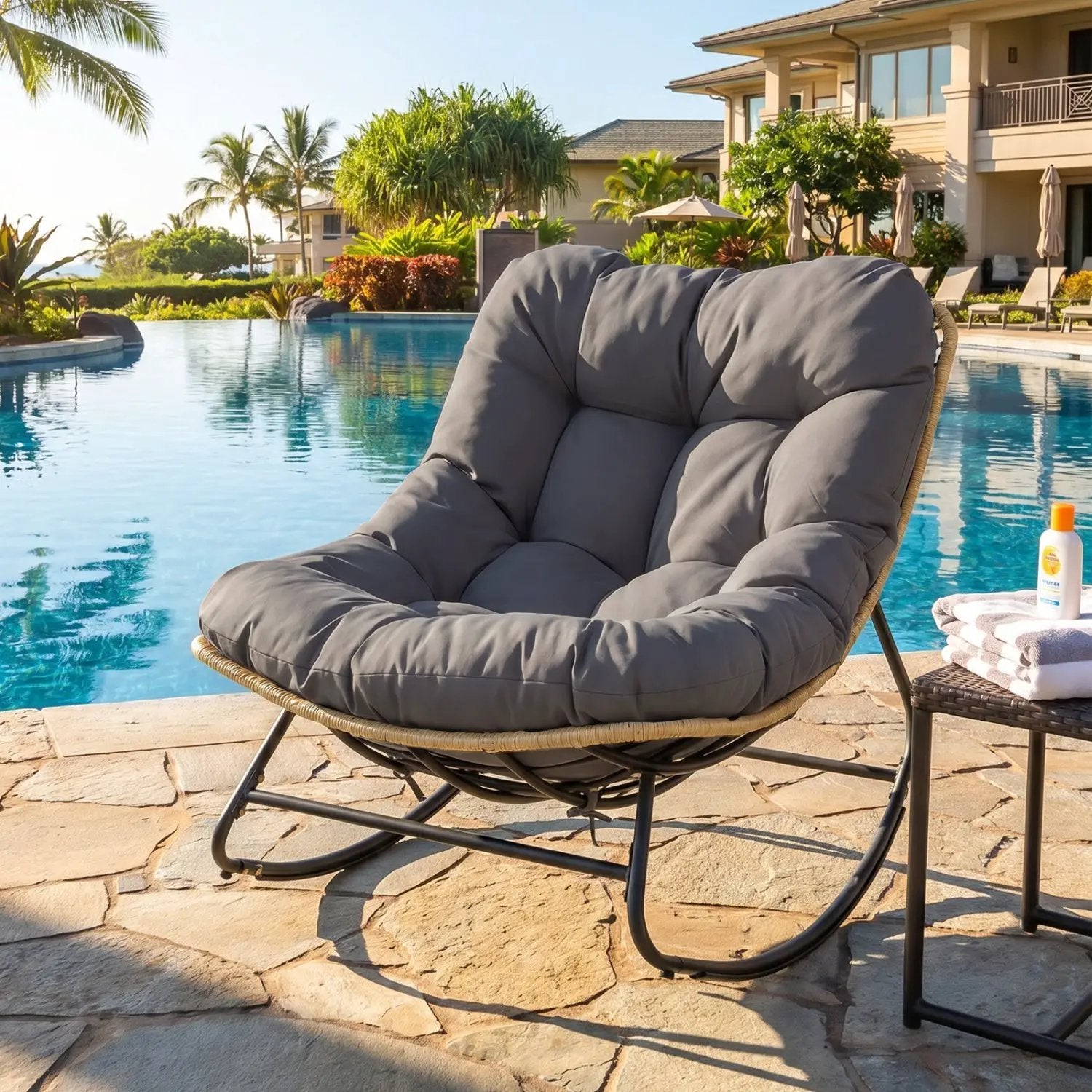 Papasan Rocking Chair with Cushioned Seat for Patio - Gray by DirectDeals
