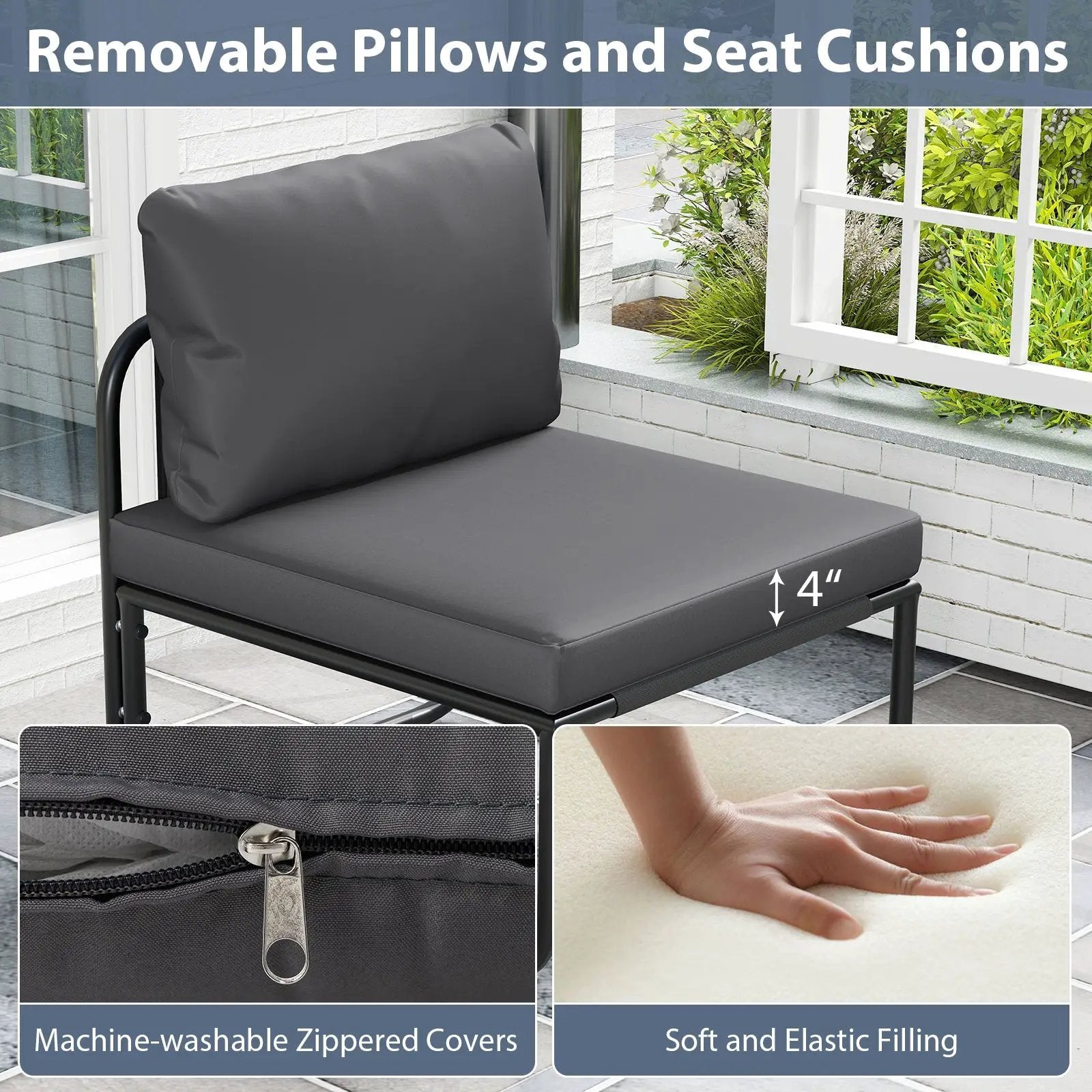Outdoor Patio Chairs Set of 2 with Removable Cushions and Adjustable Foot Pads-Gray by DirectDeals