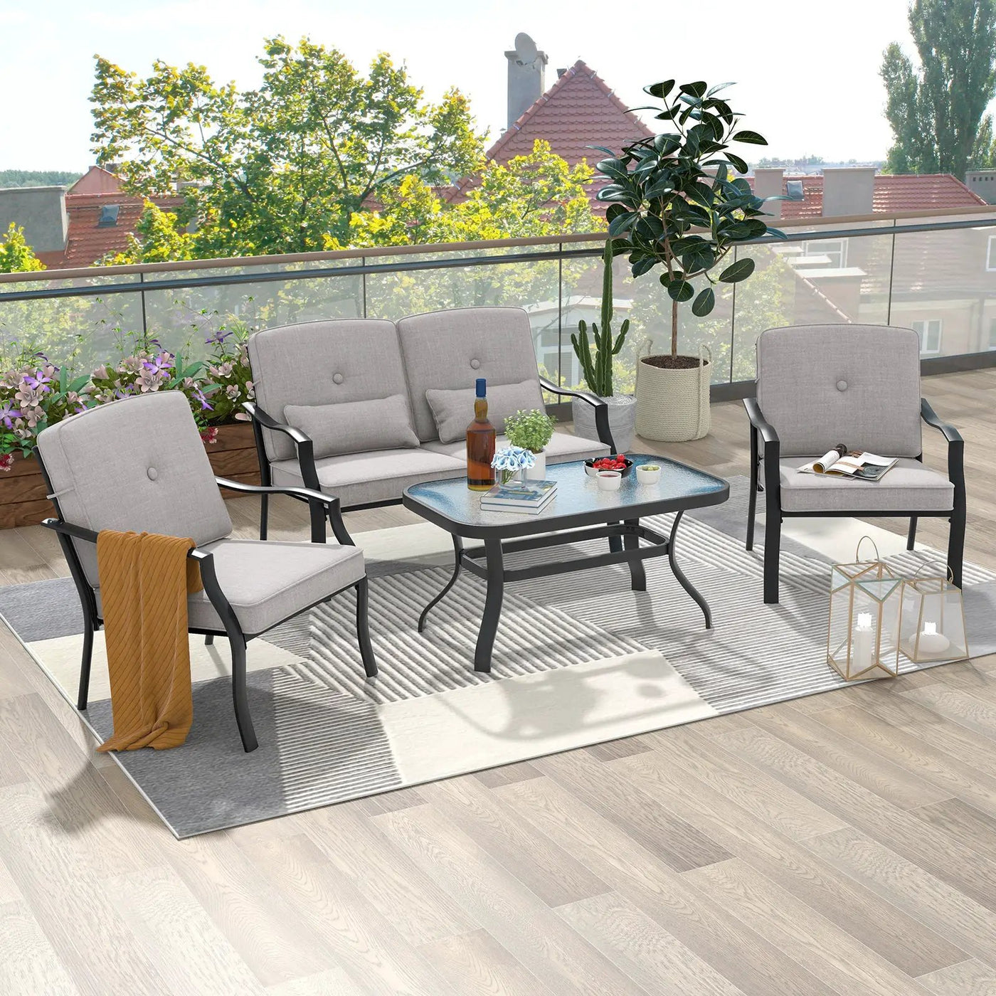 4 Pieces Outdoor Conversation Set with Seat Back Cushions and Waist Pillows by DirectDeals