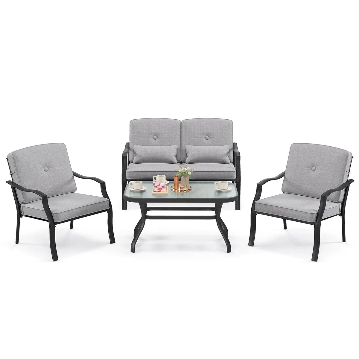 4 Pieces Outdoor Conversation Set with Seat Back Cushions and Waist Pillows by DirectDeals