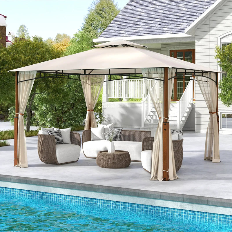 12 x 10 Feet Outdoor Patio Gazebo with Netting and 2-Tier Canopy Roof-Beige by DirectDeals