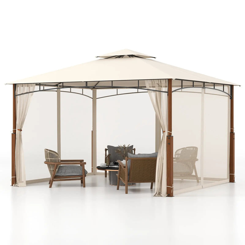 12 x 10 Feet Outdoor Patio Gazebo with Netting and 2-Tier Canopy Roof-Beige by DirectDeals