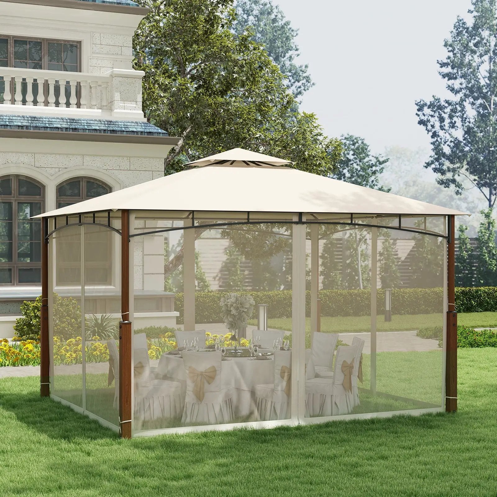 12 x 10 Feet Outdoor Patio Gazebo with Netting and 2-Tier Canopy Roof-Beige by DirectDeals