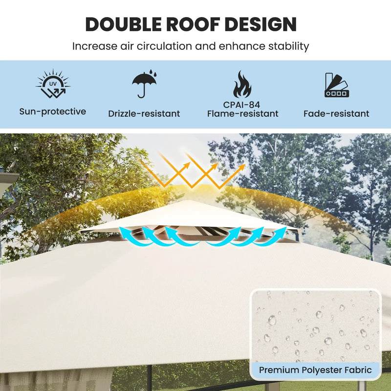 12 x 10 Feet Outdoor Patio Gazebo with Netting and 2-Tier Canopy Roof-Beige by DirectDeals