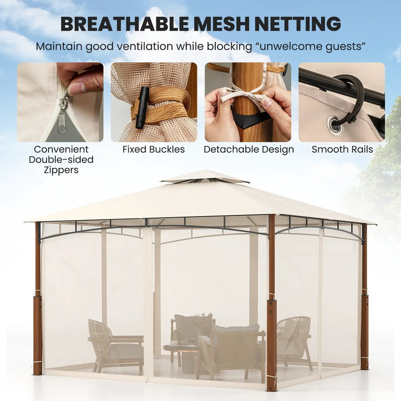 12 x 10 Feet Outdoor Patio Gazebo with Netting and 2-Tier Canopy Roof-Beige by DirectDeals