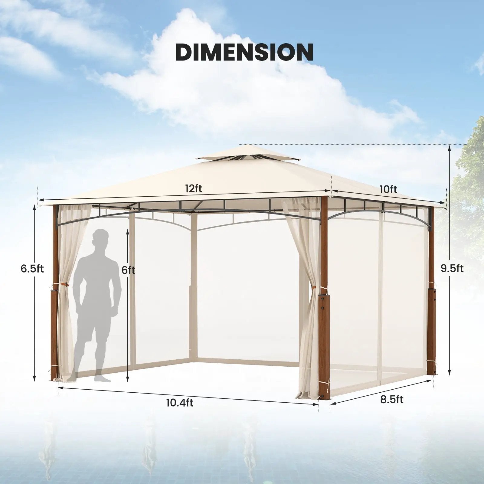 12 x 10 Feet Outdoor Patio Gazebo with Netting and 2-Tier Canopy Roof-Beige by DirectDeals