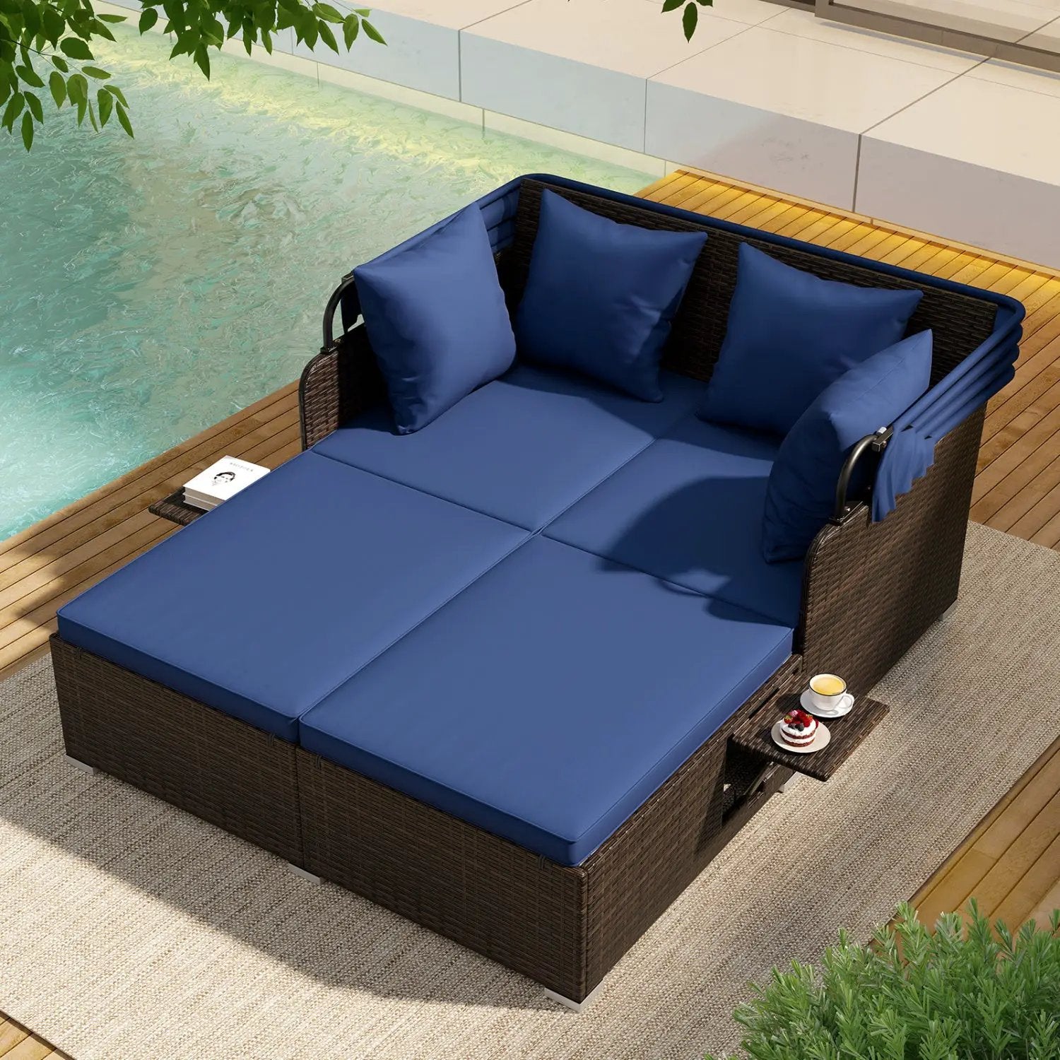 Outdoor Patio Rattan Daybed with Retractable Canopy and Side Tables by DirectDeals