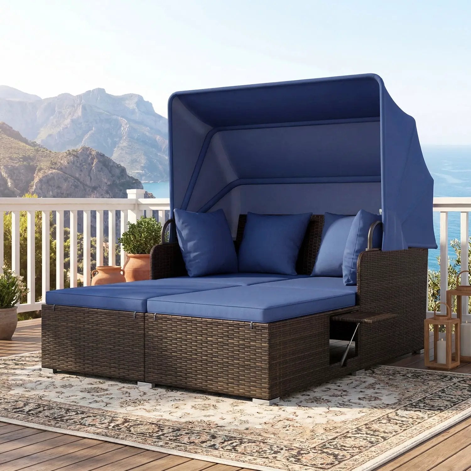 Outdoor Patio Rattan Daybed with Retractable Canopy and Side Tables by DirectDeals
