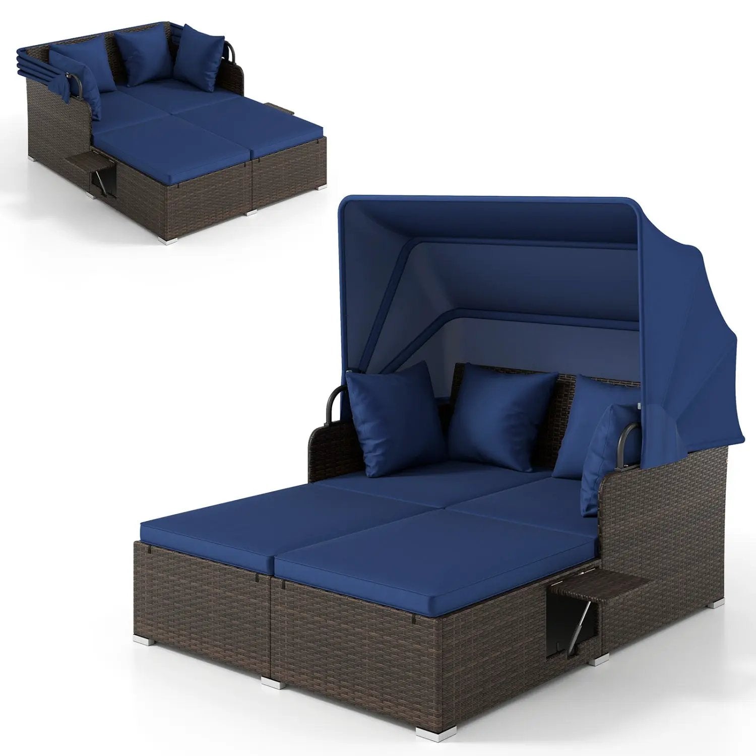 Outdoor Patio Rattan Daybed with Retractable Canopy and Side Tables by DirectDeals