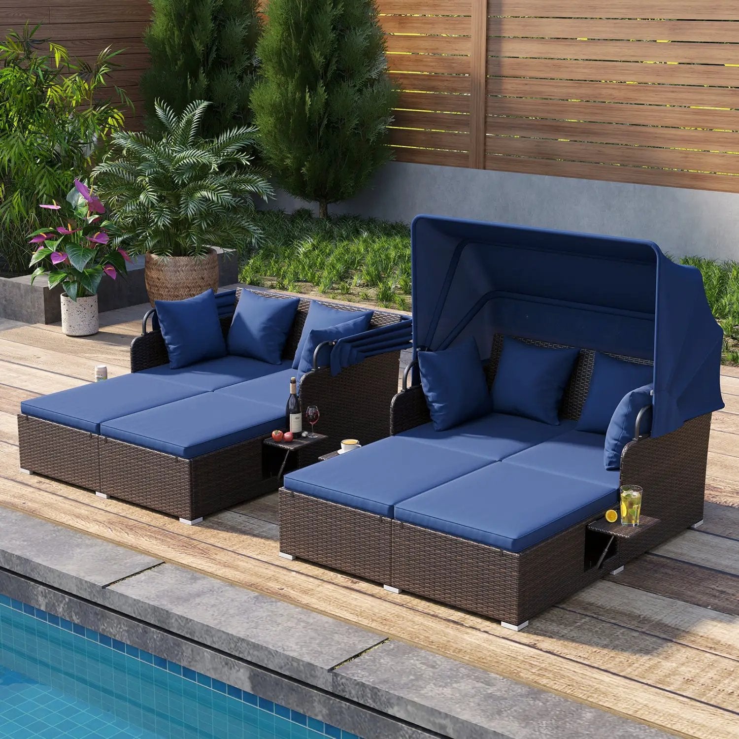Outdoor Patio Rattan Daybed with Retractable Canopy and Side Tables by DirectDeals