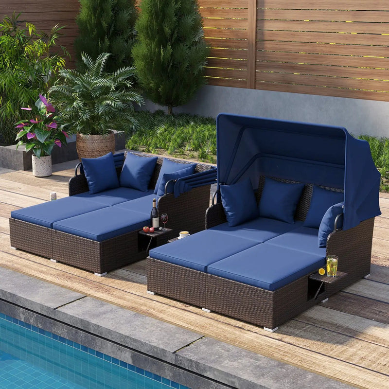 Outdoor Patio Rattan Daybed with Retractable Canopy and Side Tables by DirectDeals