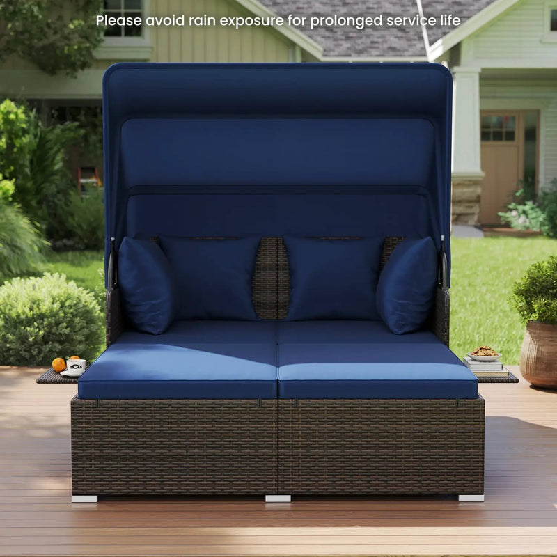 Outdoor Patio Rattan Daybed with Retractable Canopy and Side Tables by DirectDeals