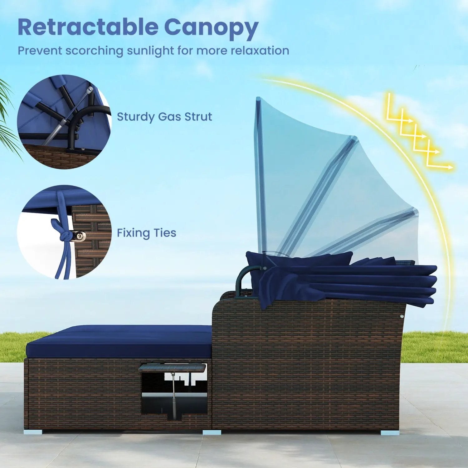 Outdoor Patio Rattan Daybed with Retractable Canopy and Side Tables by DirectDeals