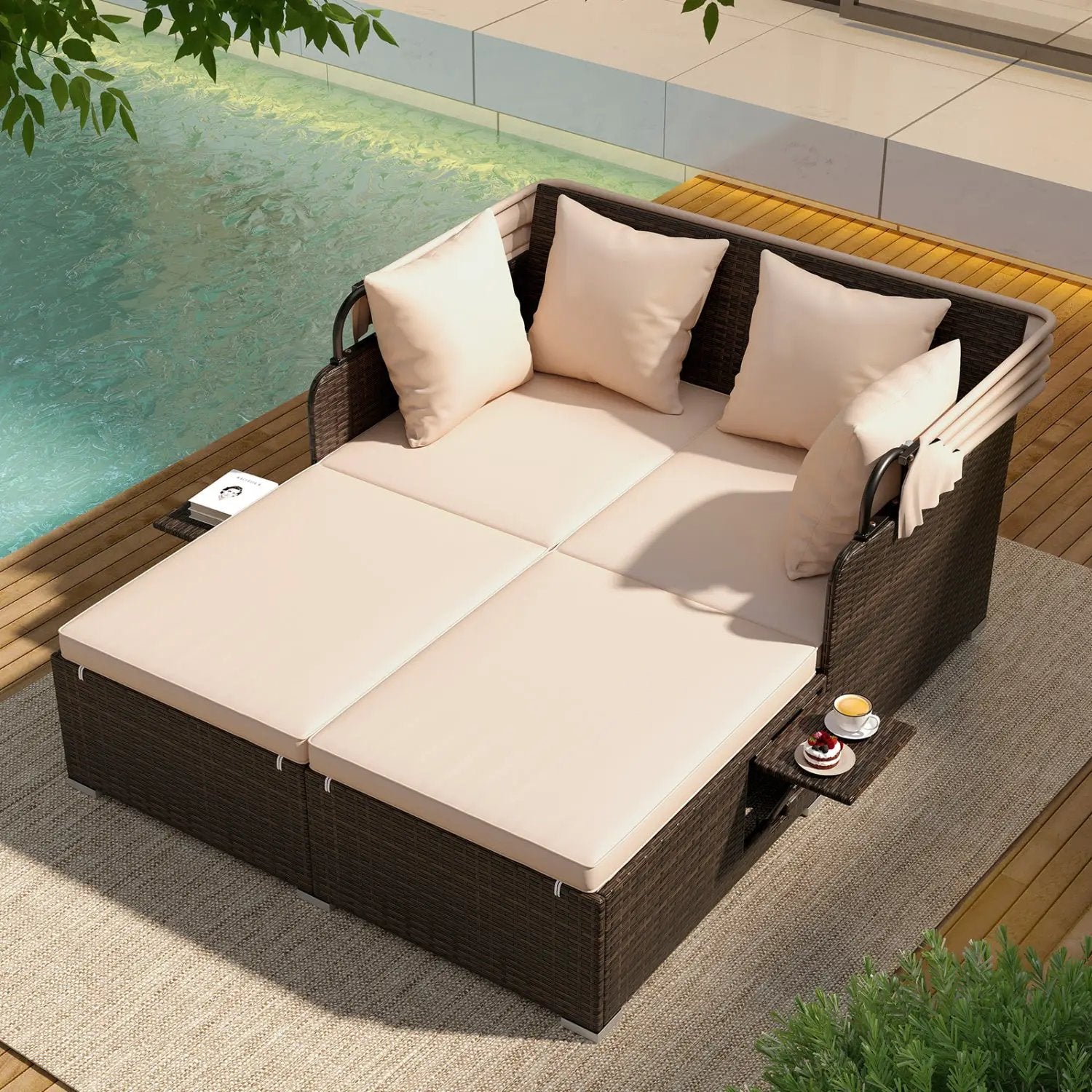 Outdoor Patio Rattan Daybed with Retractable Canopy and Side Tables by DirectDeals