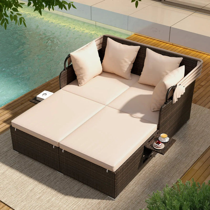 Outdoor Patio Rattan Daybed with Retractable Canopy and Side Tables by DirectDeals