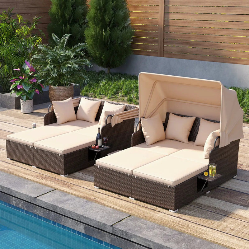 Outdoor Patio Rattan Daybed with Retractable Canopy and Side Tables by DirectDeals