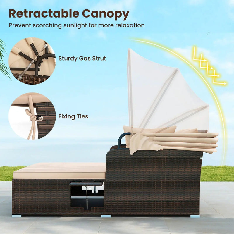 Outdoor Patio Rattan Daybed with Retractable Canopy and Side Tables by DirectDeals
