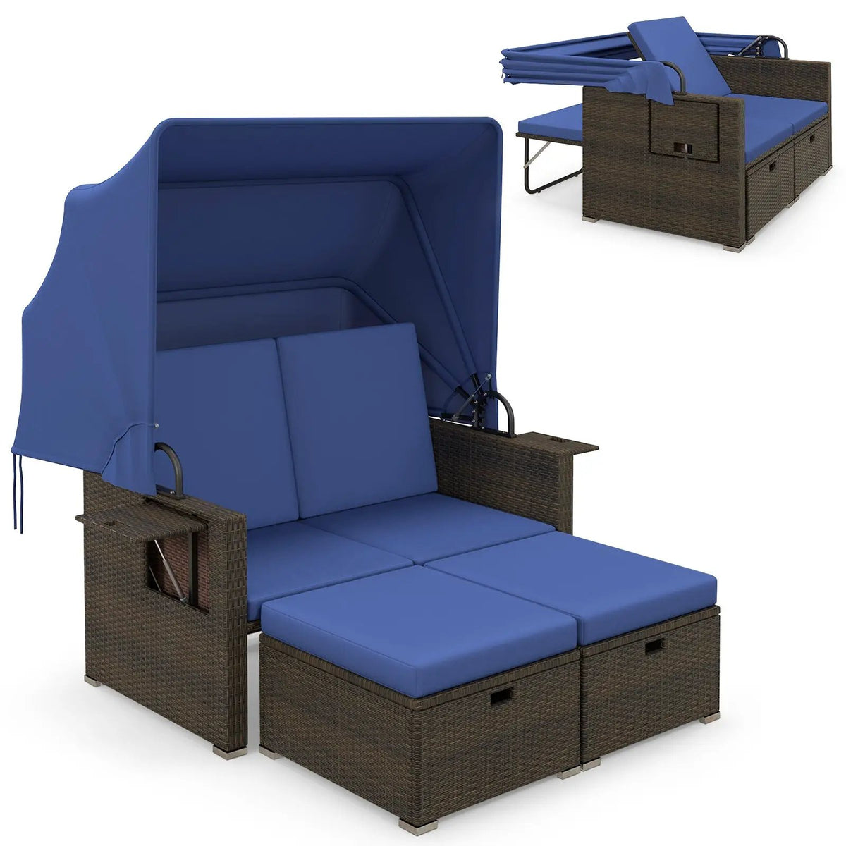 Outdoor Patio Rattan Daybed with Retractable Canopy and Adjustable Backrests by DirectDeals