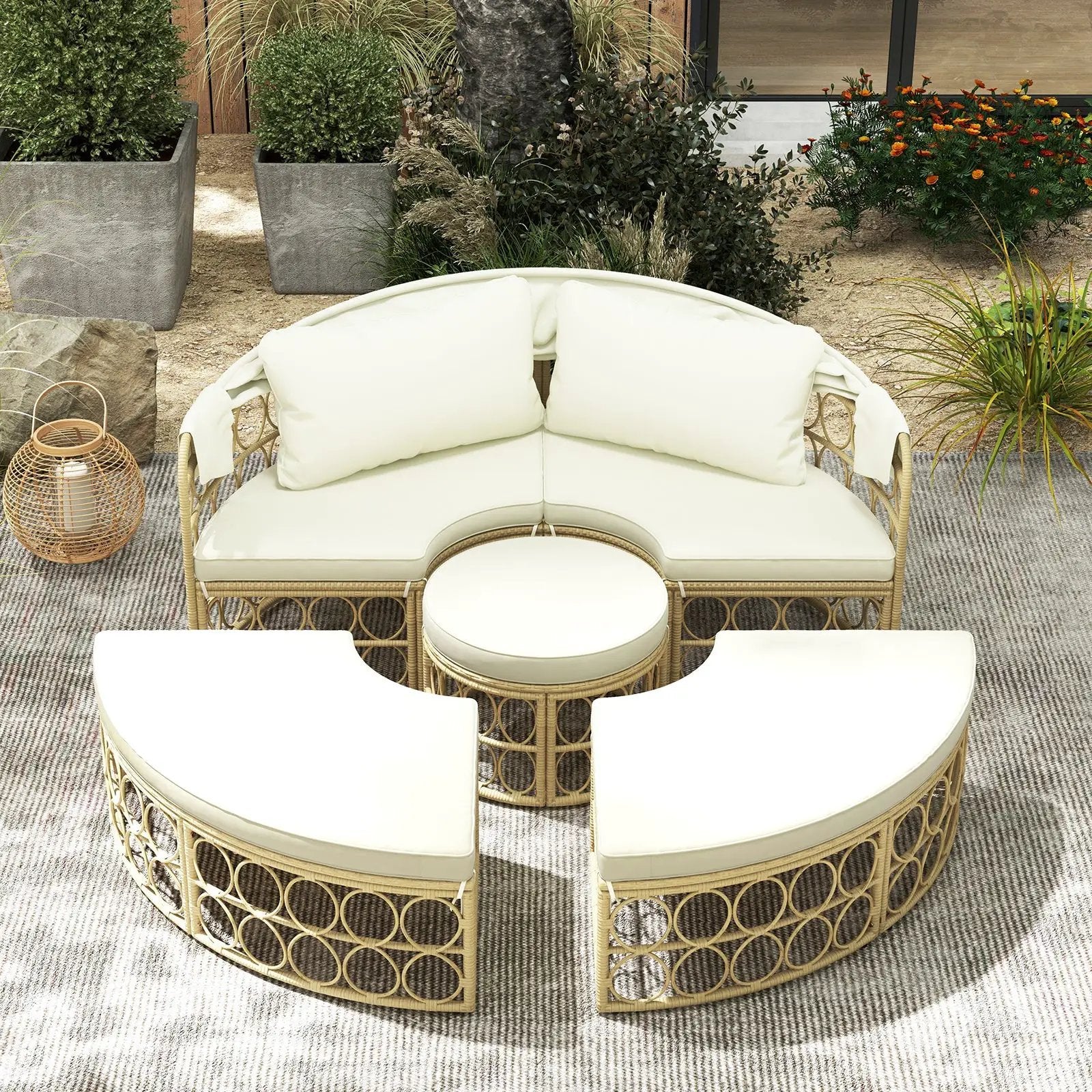 Outdoor Patio Round Daybed with Retractable Canopy and Soft Cushions-White by DirectDeals
