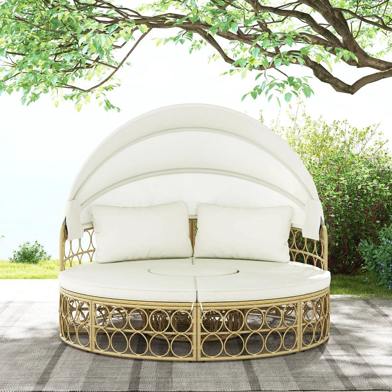 Outdoor Patio Round Daybed with Retractable Canopy and Soft Cushions-White by DirectDeals