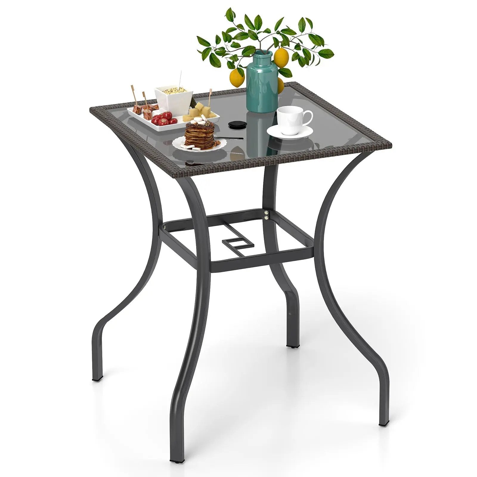 28.5 Inch Outdoor Patio Square Glass Top Table with Rattan Edging by DirectDeals