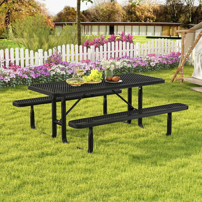 Outdoor Picnic Table and Bench Set for 8 Person with Seats and Mesh Grid-Black by DirectDeals