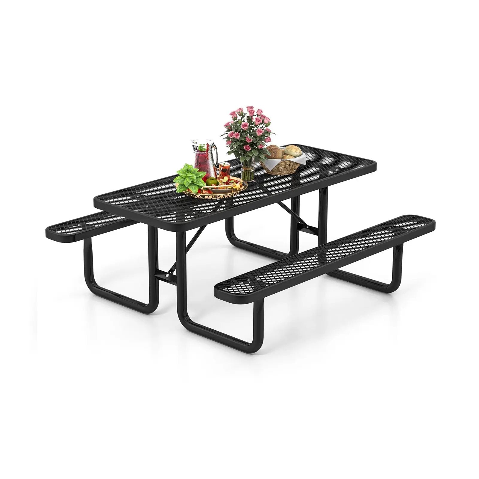 Outdoor Picnic Table and Bench Set for 8 Person with Seats and Mesh Grid-Black by DirectDeals