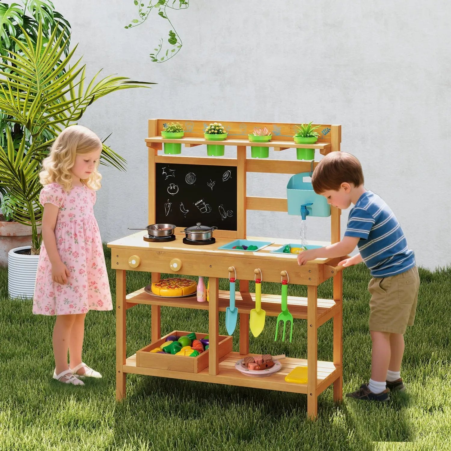 Outdoor Play Pretend Kitchen with Faucet and Removable Sinks for Children Aged 3+ by DirectDeals