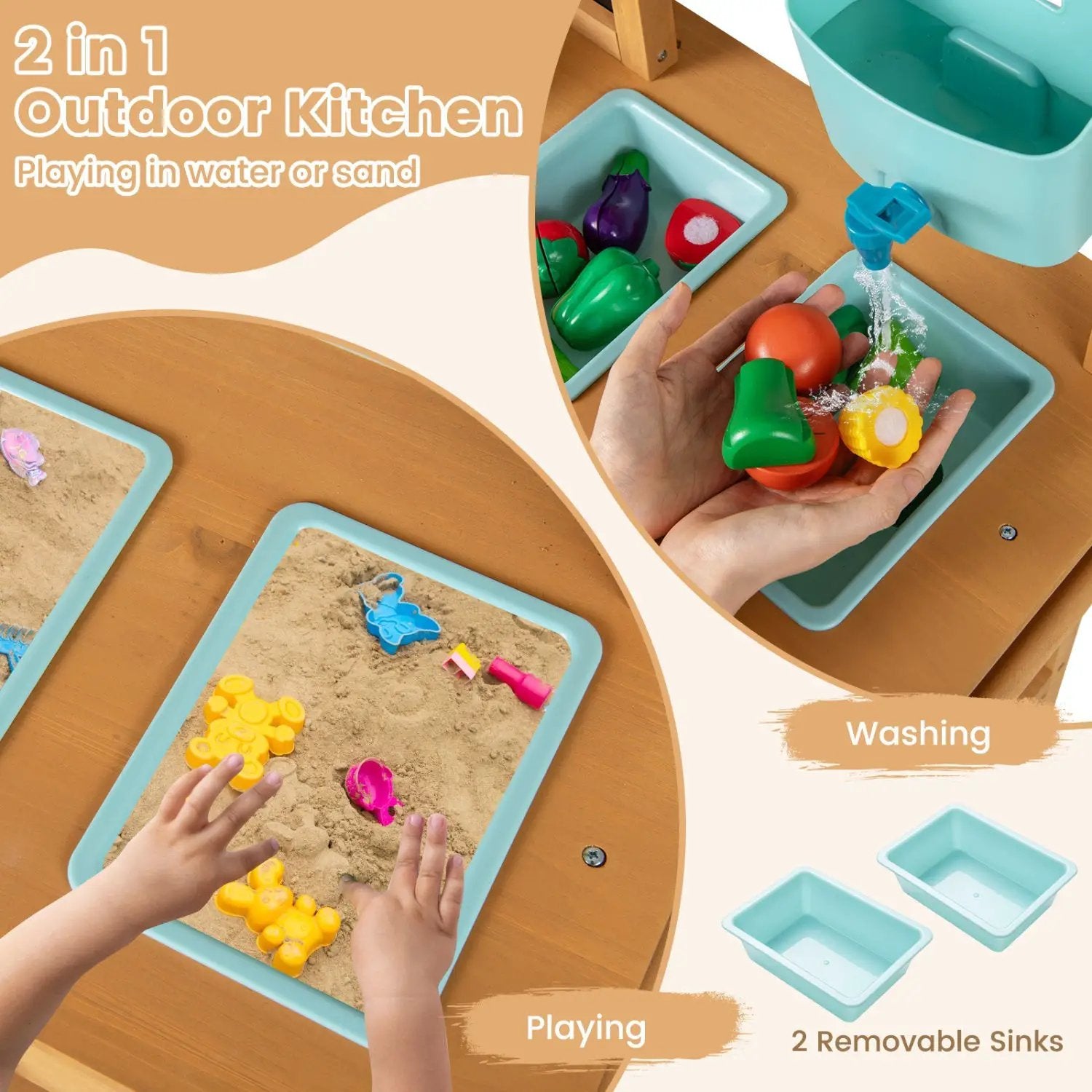 Outdoor Play Pretend Kitchen with Faucet and Removable Sinks for Children Aged 3+ by DirectDeals