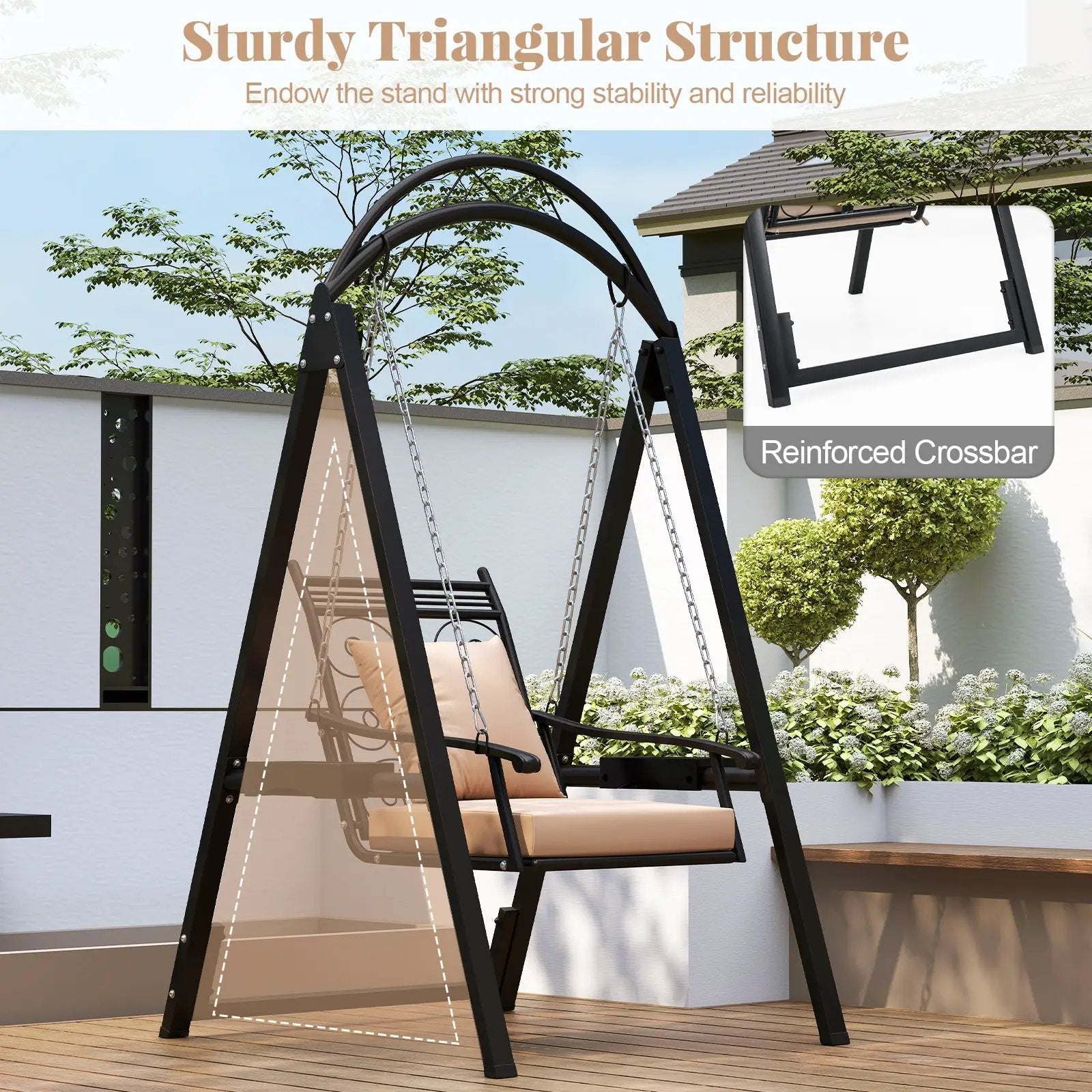 Outdoor Porch Swing with Removable Cushions and Side Tables for Garden Balcony-Black by DirectDeals