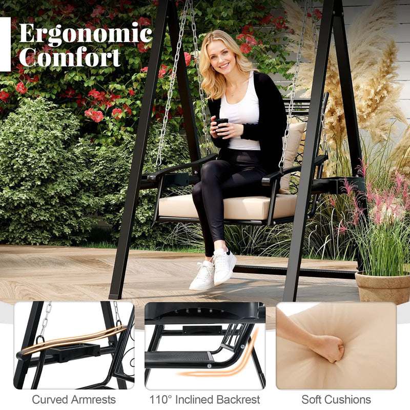 Outdoor Porch Swing with Removable Cushions and Side Tables for Garden Balcony-Black by DirectDeals