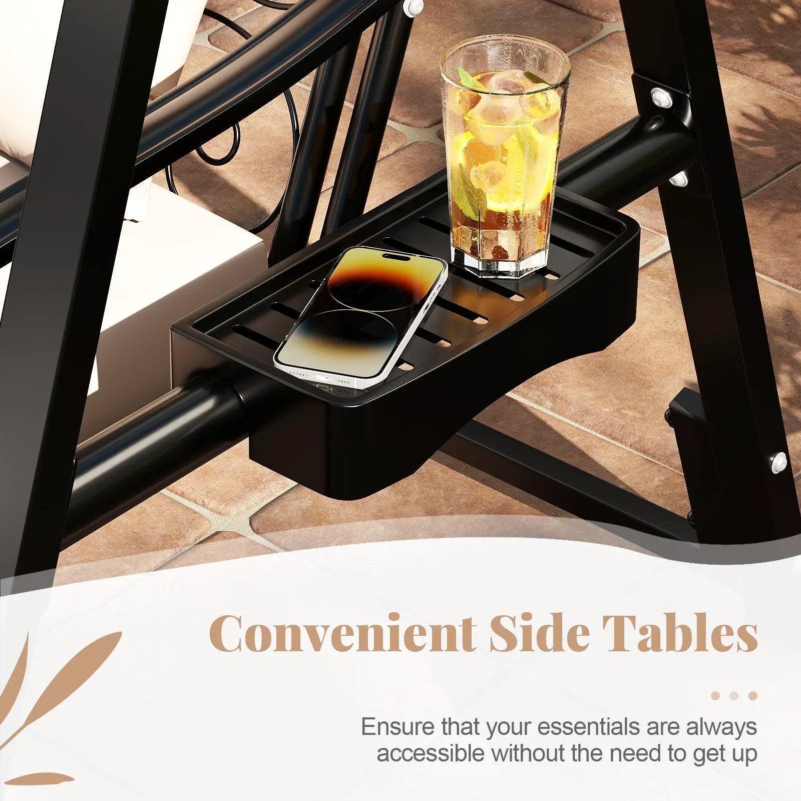 Outdoor Porch Swing with Removable Cushions and Side Tables for Garden Balcony-Black by DirectDeals